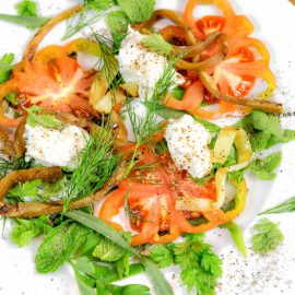 Tomaat, burrata en groene kruiden Tomaat, burrata en groene kruiden